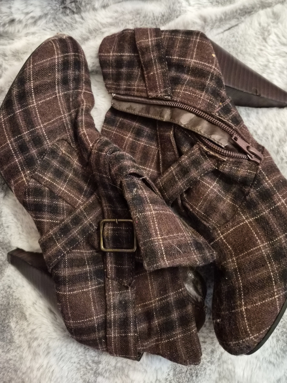 Women's Brown Plaid Ankle Boots - Chic Heeled Booties